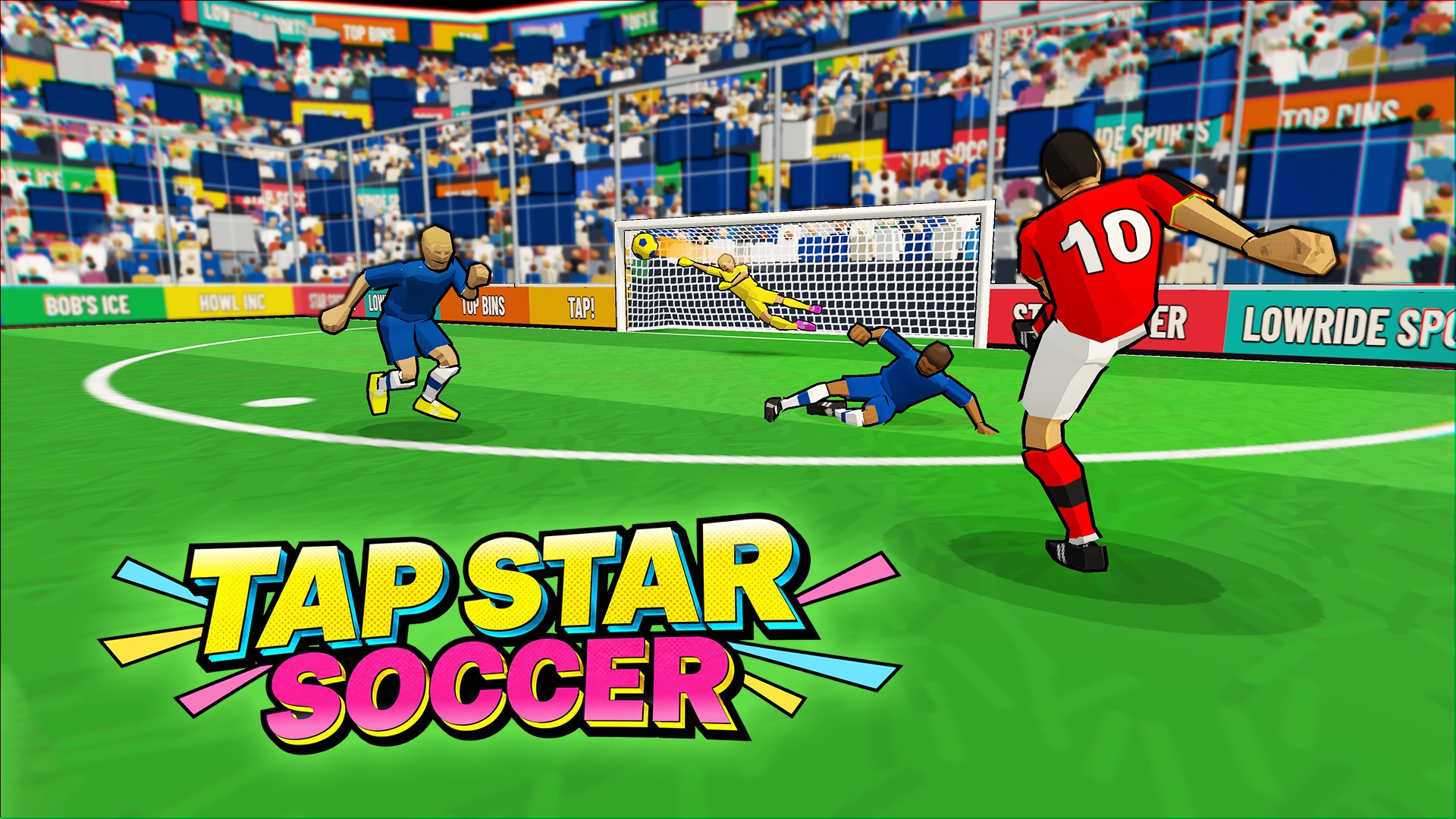 A Tap Star Soccer striker shoots past a sliding defender as the keeper dives
